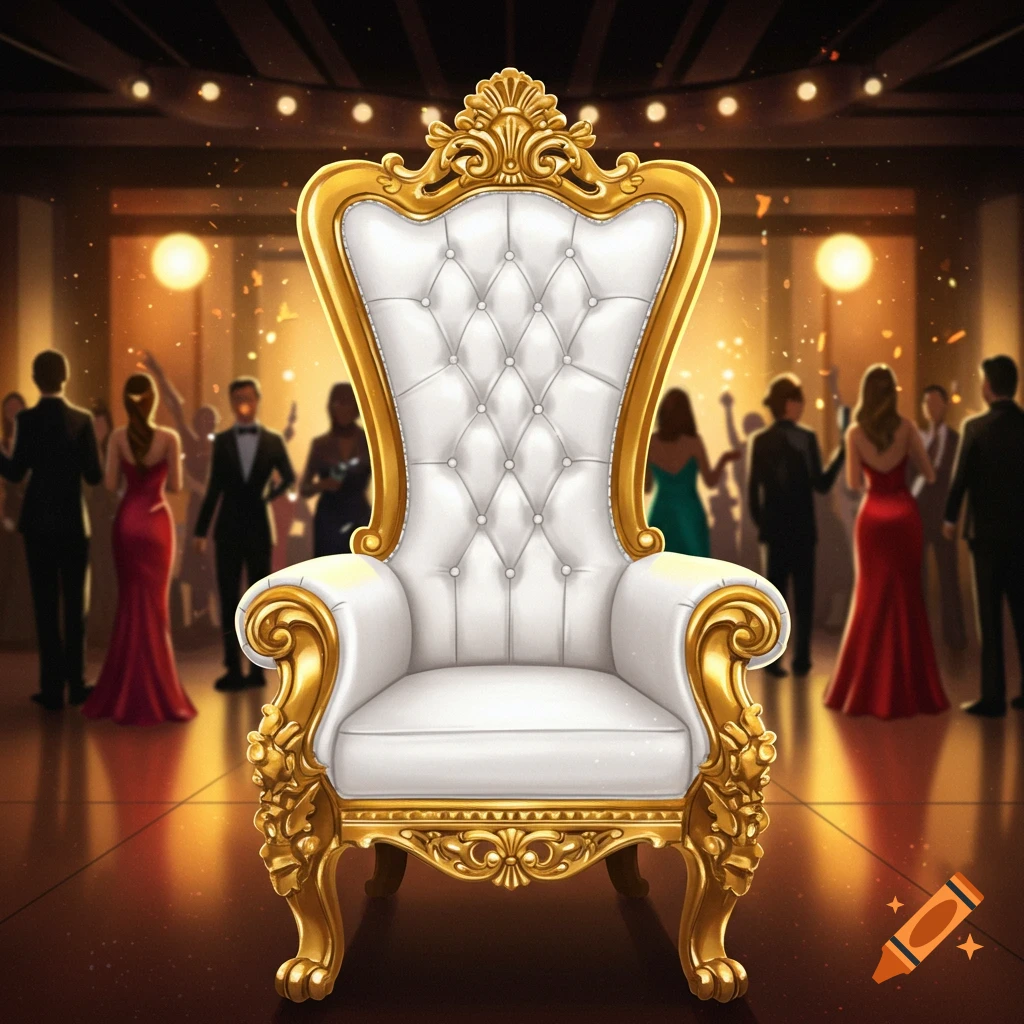 A white and gold throne chair sits in the foreground of a busy party with people.
