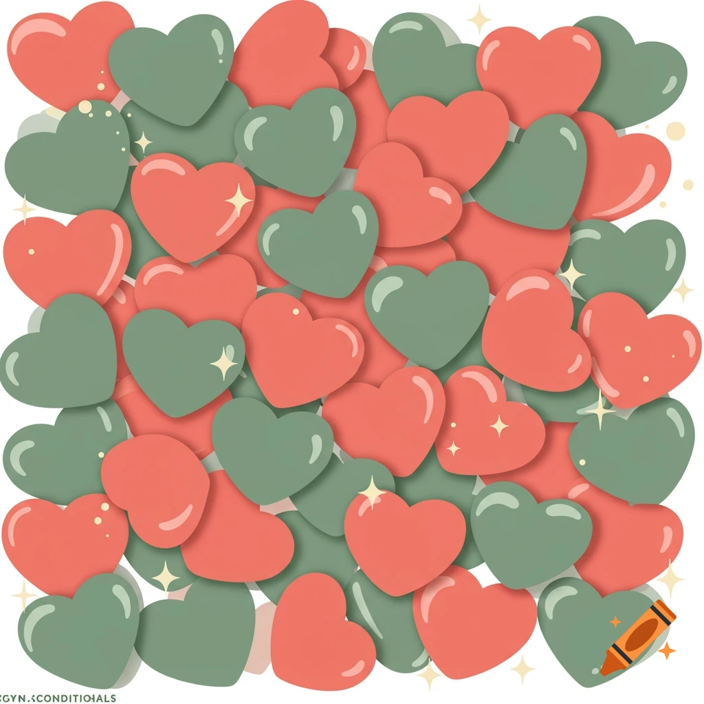 A pattern of red and sage green hearts with white sparkles scattered throughout.