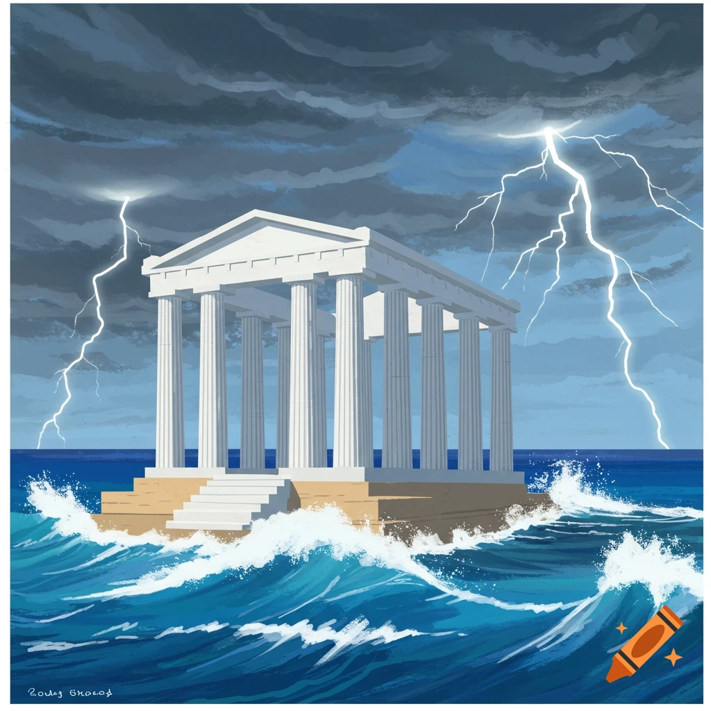 Stylized illustration of a Greek temple in a stormy sea with lightning.