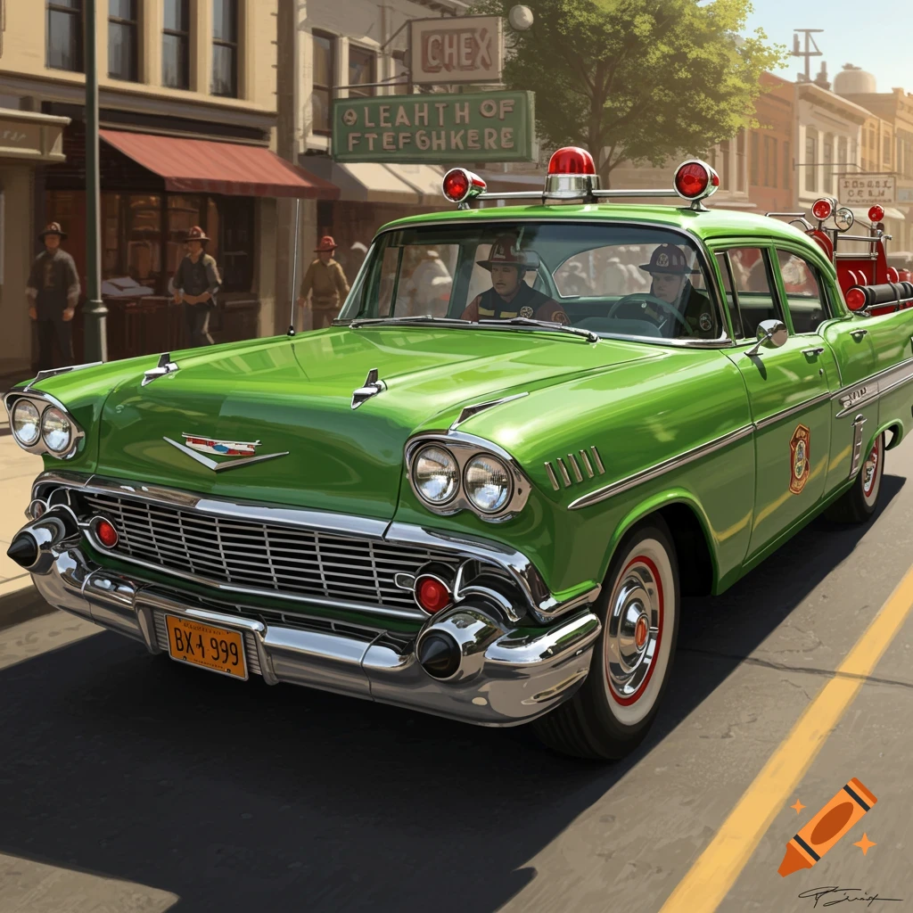 A bright green vintage Chevrolet Impala fire chief car drives down a sunny town street with two firefighters inside.