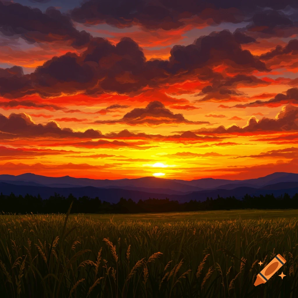 A painterly sunset over mountains and a field of tall grass.