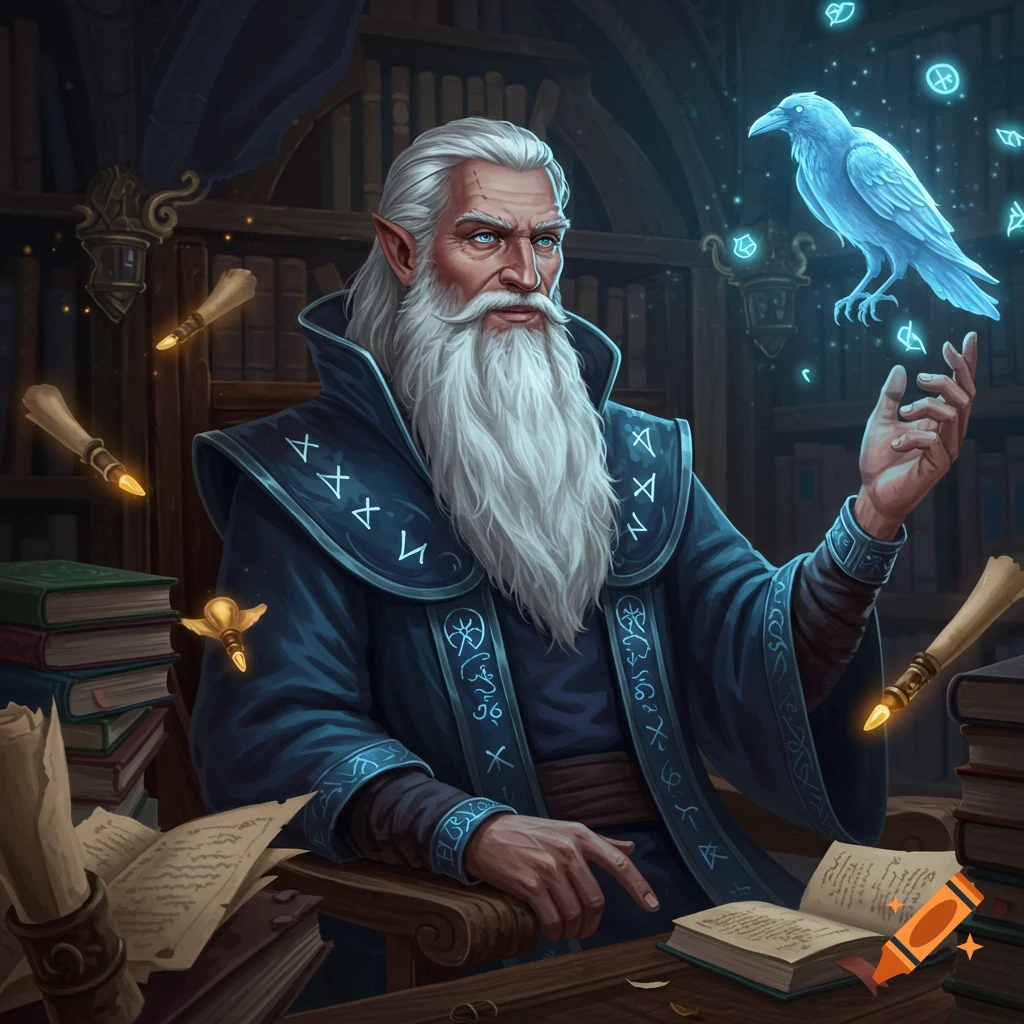 A middle-aged wizard with a white beard sits in a library, holding out his hand towards a glowing blue raven.
