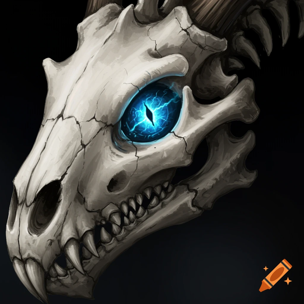 Close-up of a bone dragon skull with a glowing blue electric eye.