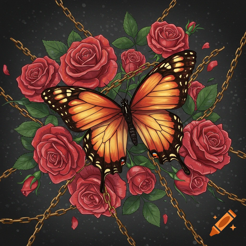 Illustration of an orange butterfly surrounded by red roses and gold chains.