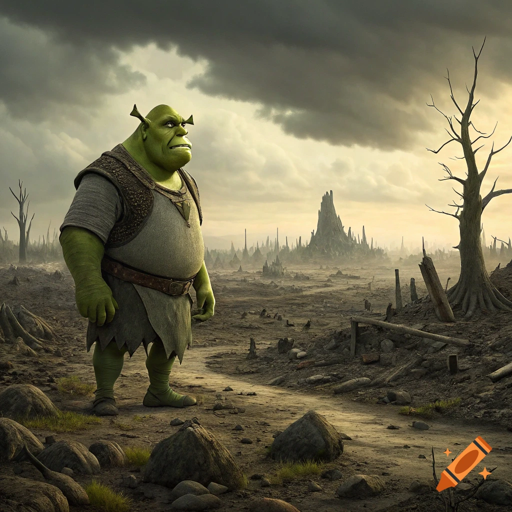 Shrek stands in a desolate, rocky post-apocalyptic landscape under a stormy sky.