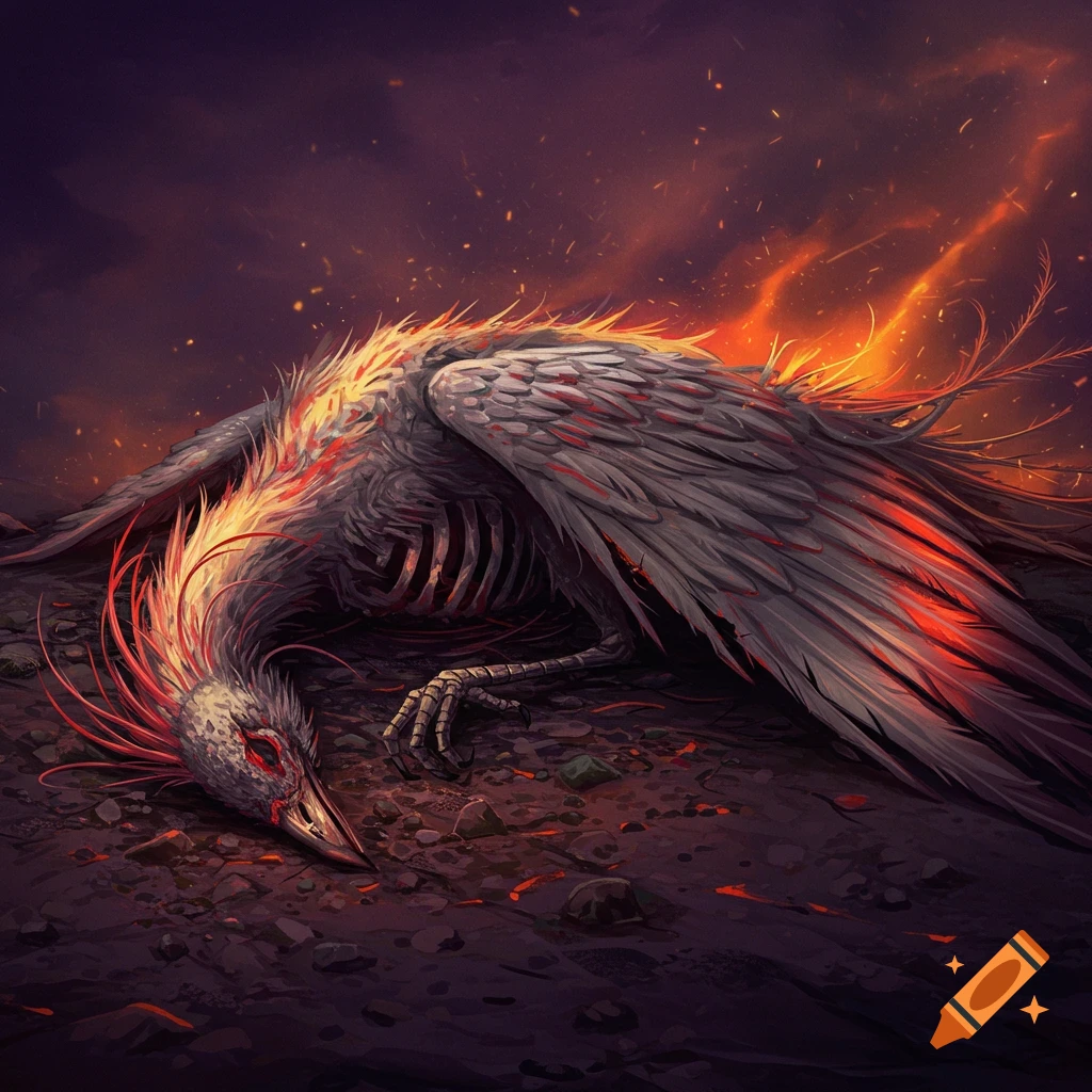 A stylized illustration of a dead phoenix lying on the ground with exposed ribs and flames.