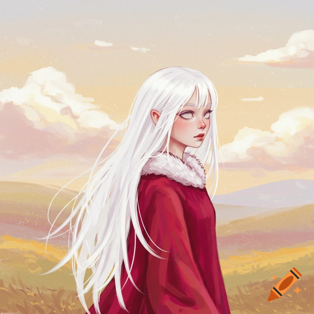 Illustration of a girl with long white hair and a red dress in a landscape.