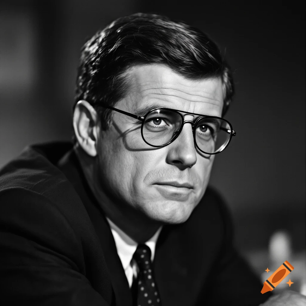 Black and white portrait of a man resembling Robert F. Kennedy wearing aviator-style reading glasses and a suit.