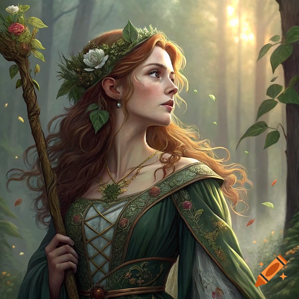 A woman in a green fantasy dress holds a staff in a forest.