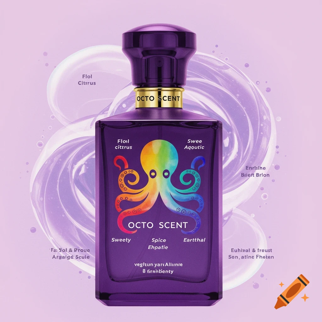 A purple perfume bottle with a rainbow octopus graphic and text label 'OCTO SCENT' surrounded by floating text.
