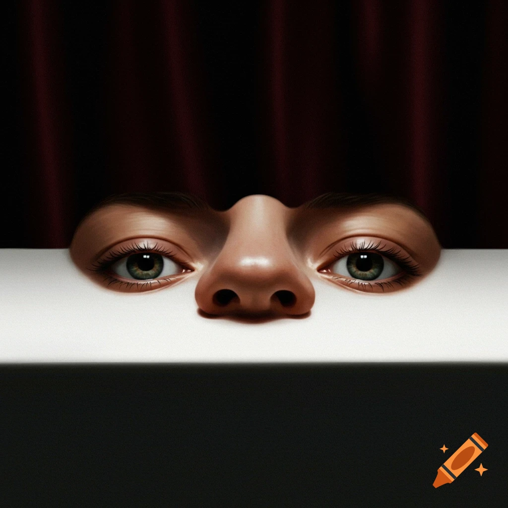 Close-up of eyes and nose peeking over a white surface, with a red curtain behind.