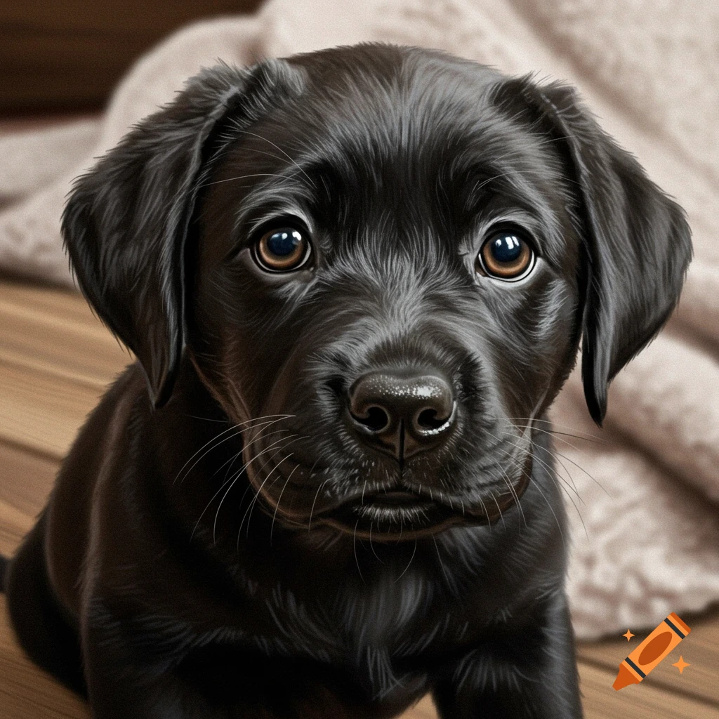 A close-up, photorealistic portrait of a black labrador puppy looking forward.
