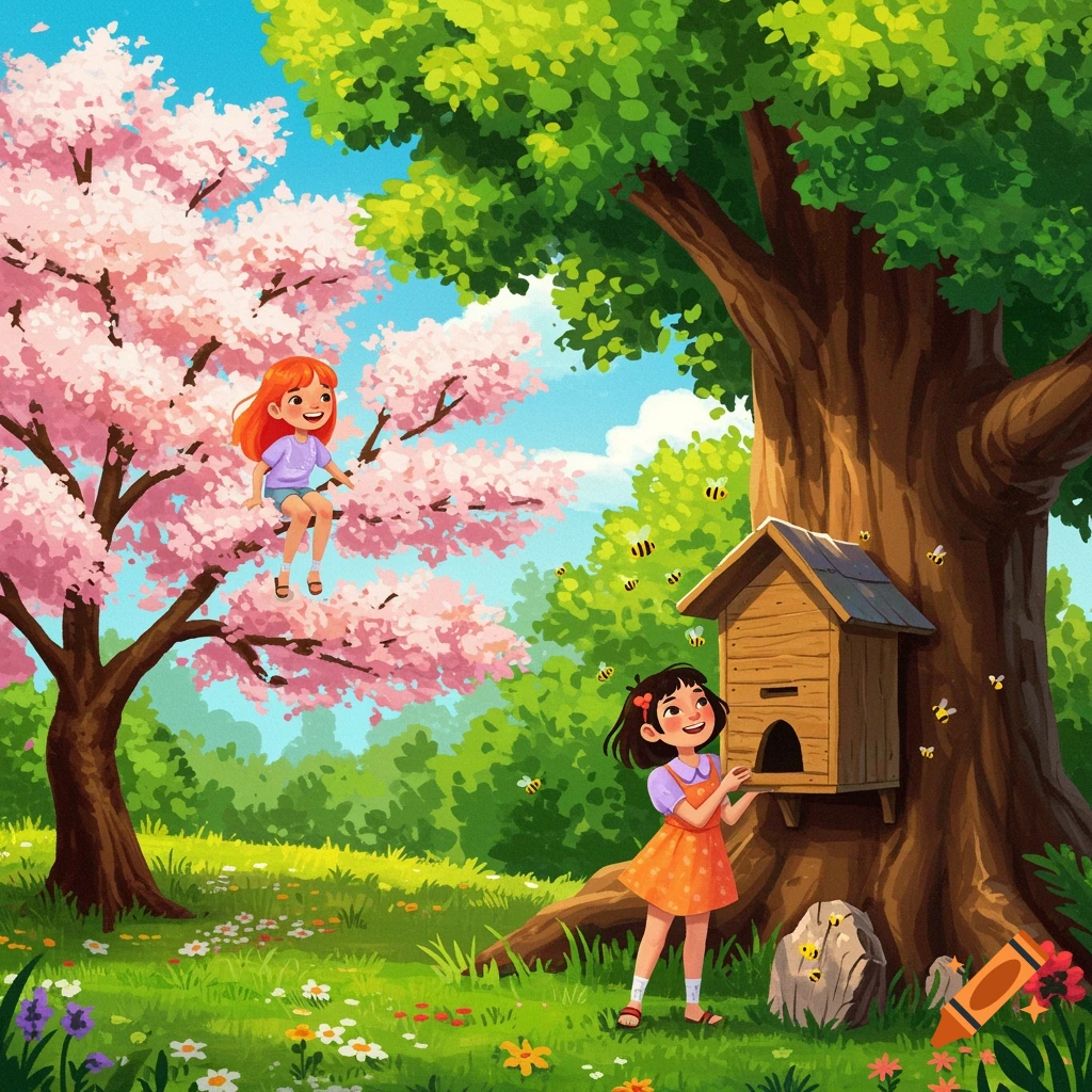 Two young girls in a spring landscape with cherry blossoms, trees, a beehive, and bees, illustration style.