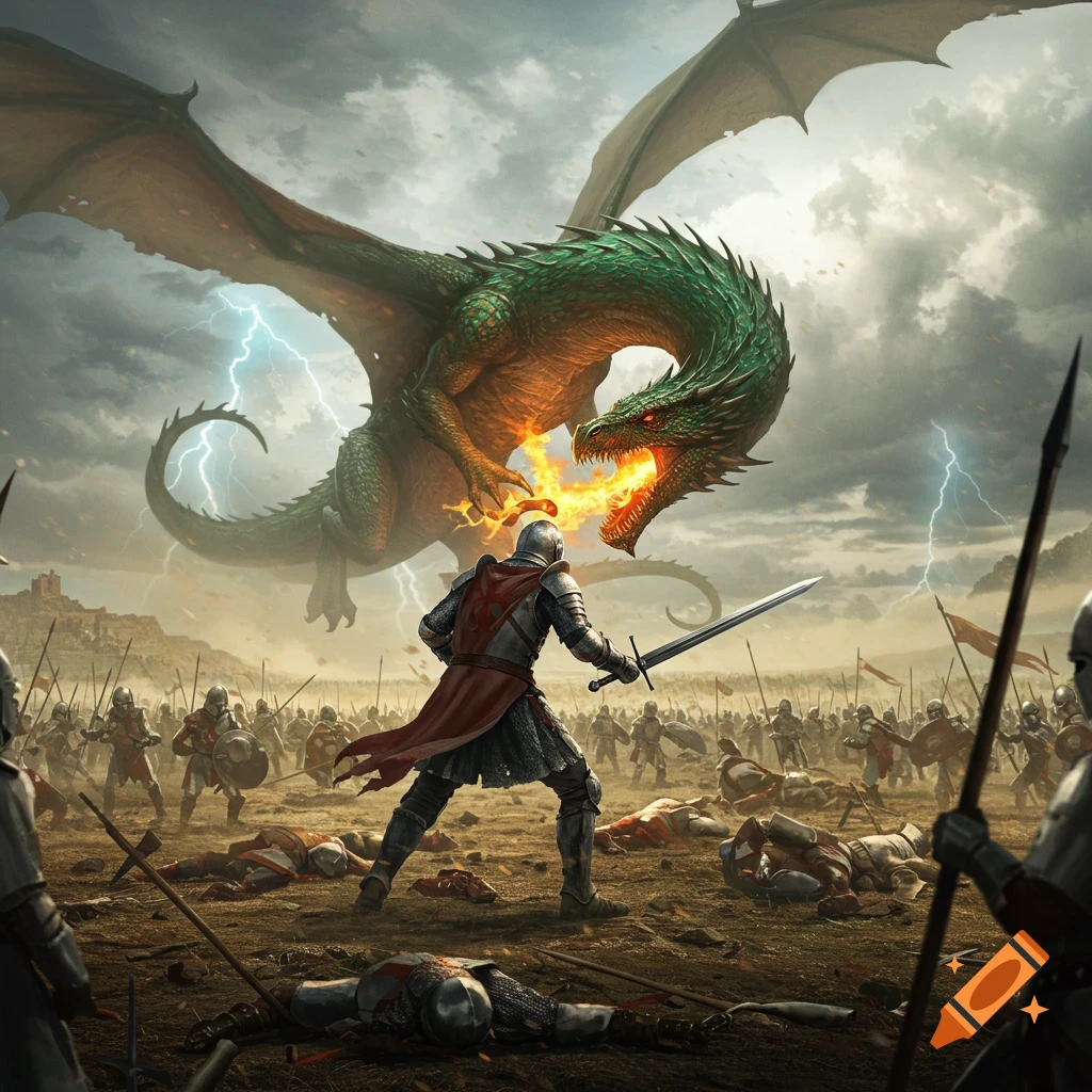 A knight battles a green dragon breathing fire over a battlefield filled with soldiers and fallen bodies.