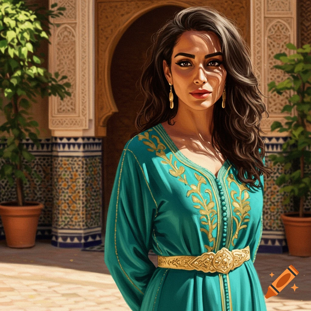 A portrait of a woman in a teal and gold Moroccan dress and belt in an ornate architectural setting.