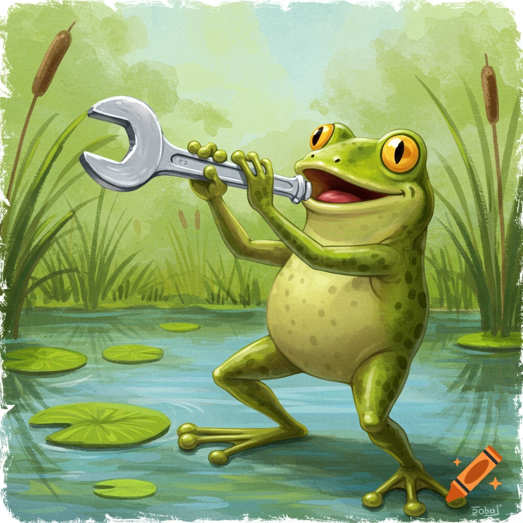 Painting of a frog holding a wrench like a trumpet