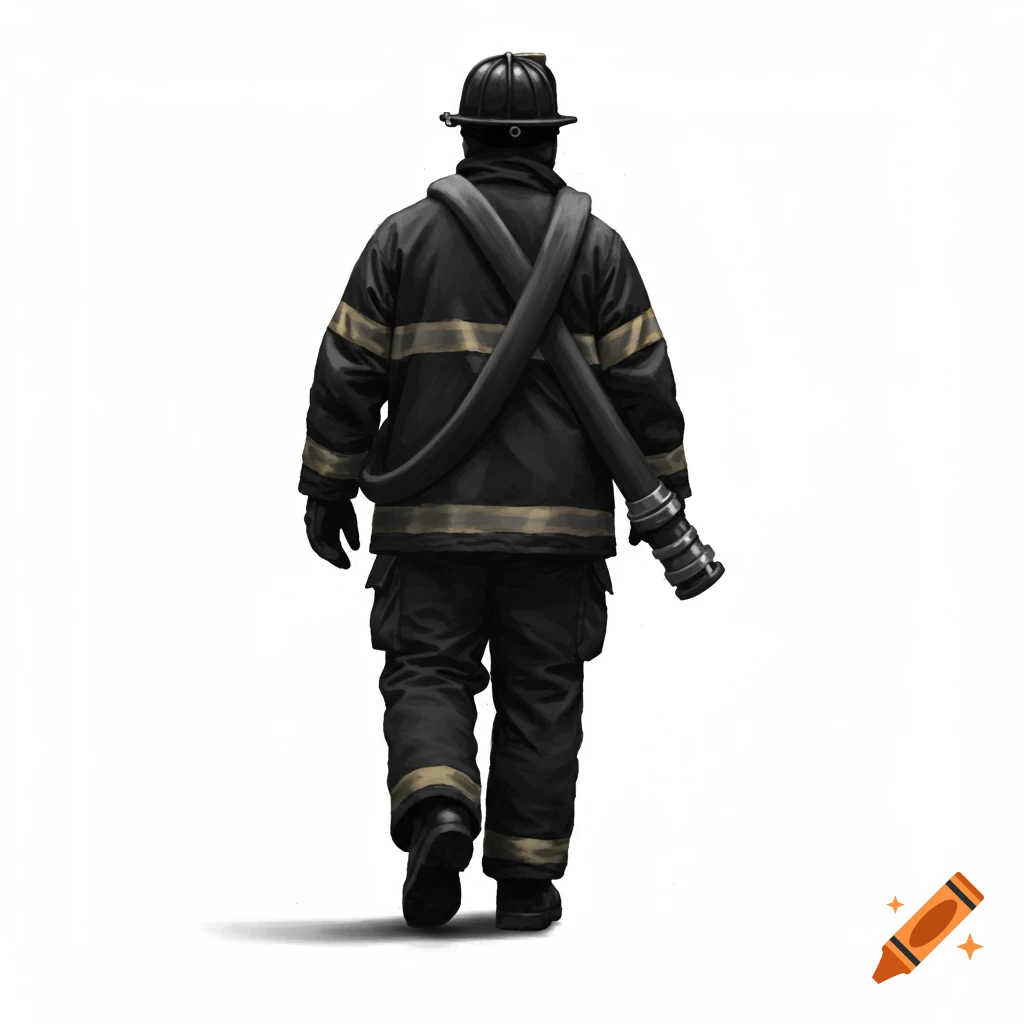 Realistic clip art of a fireman walking away from the viewer, back visible, on a white background.