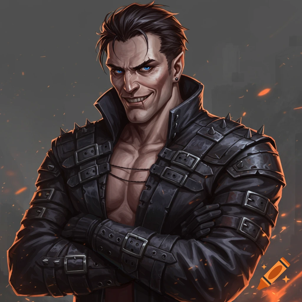 Character art portrait of a man with a menacing smile and leather jacket.
