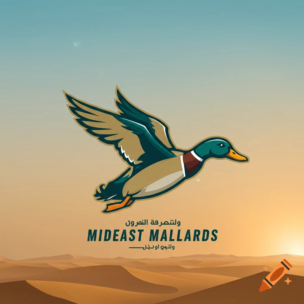 A stylized mallard duck flying over sand dunes at sunset, with text below it.