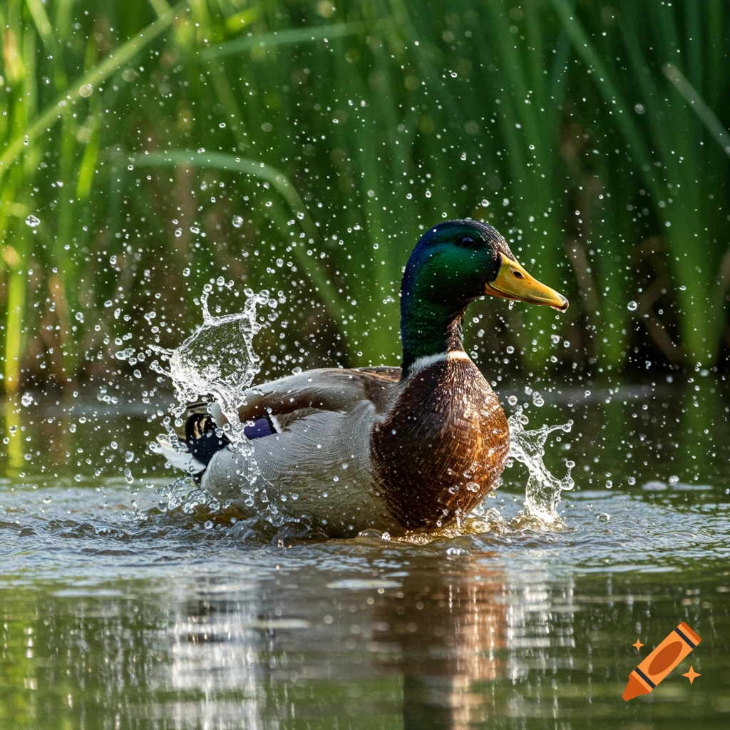 A mallard duck splashes water in a pond with green reeds in the background.