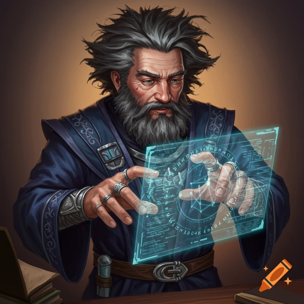 A fantasy technology wizard looks intently at a glowing holographic screen filled with glyphs and data.