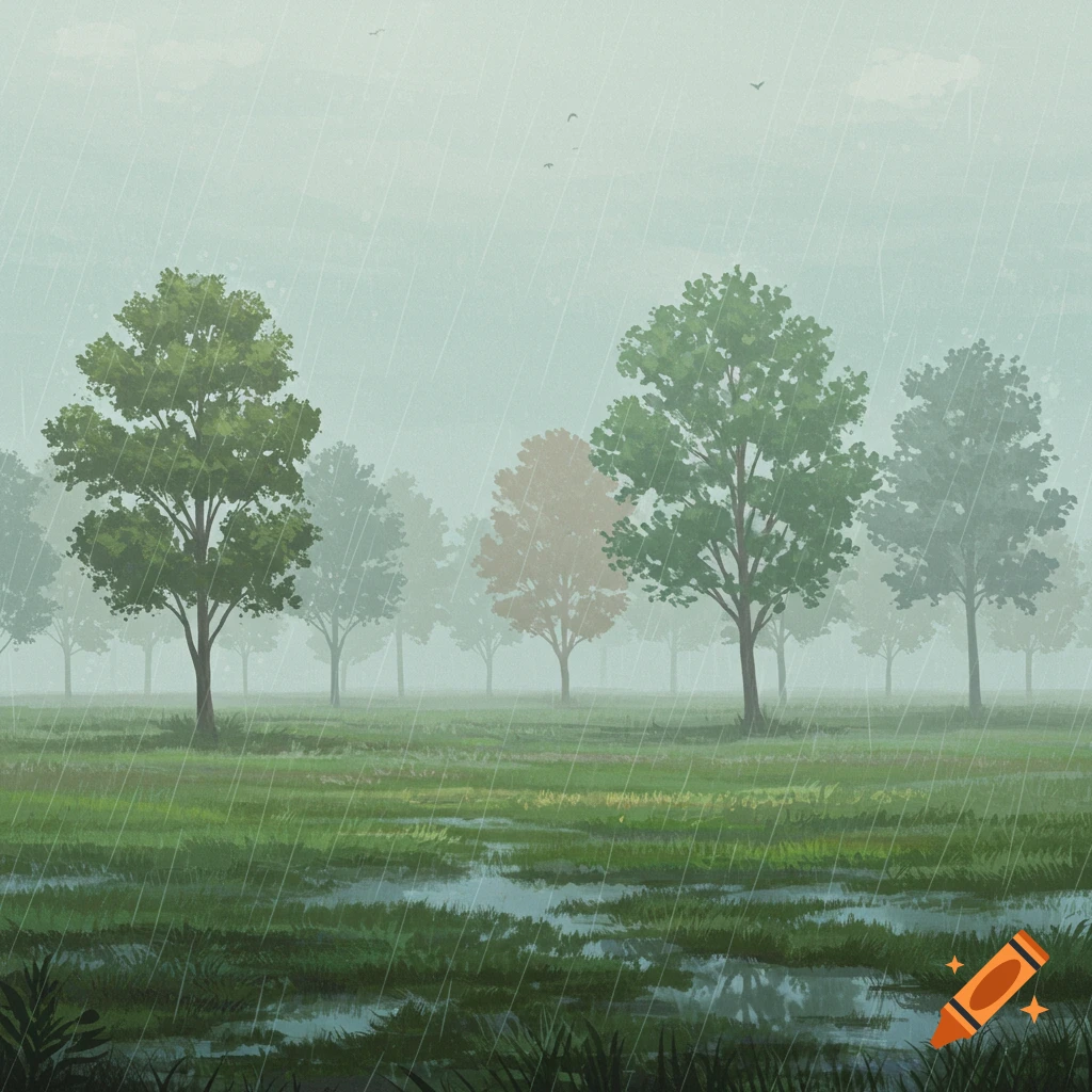 A rainy field with trees.