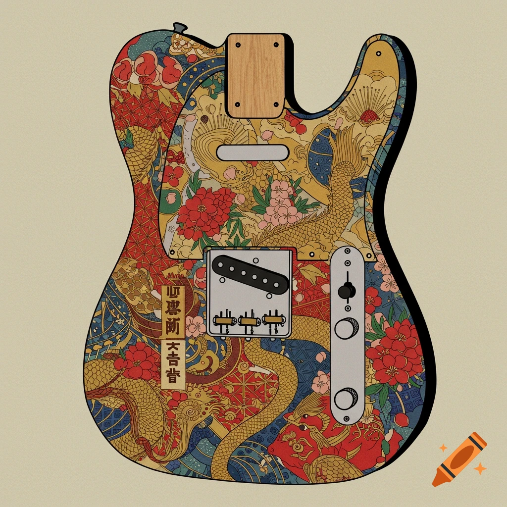 A Telecaster guitar body painted with a detailed Japanese-style pattern featuring gold dragons, red flowers, and waves.