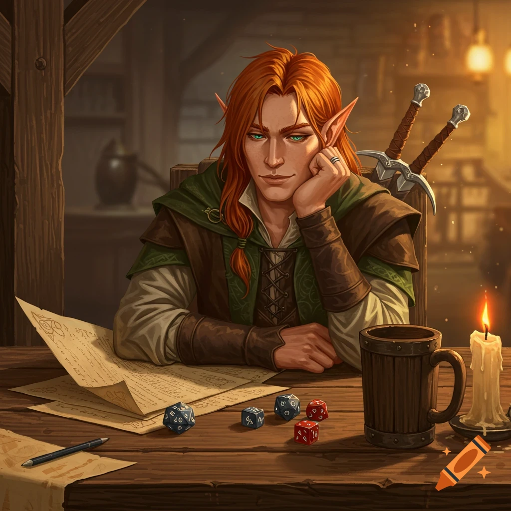 A red-haired half-elf sits pensively at a tavern table with papers, dice, and a wooden mug.