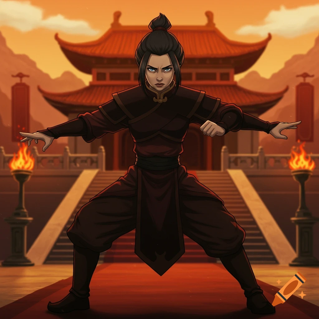 Azula from Avatar in a firebending stance in front of a pagoda.