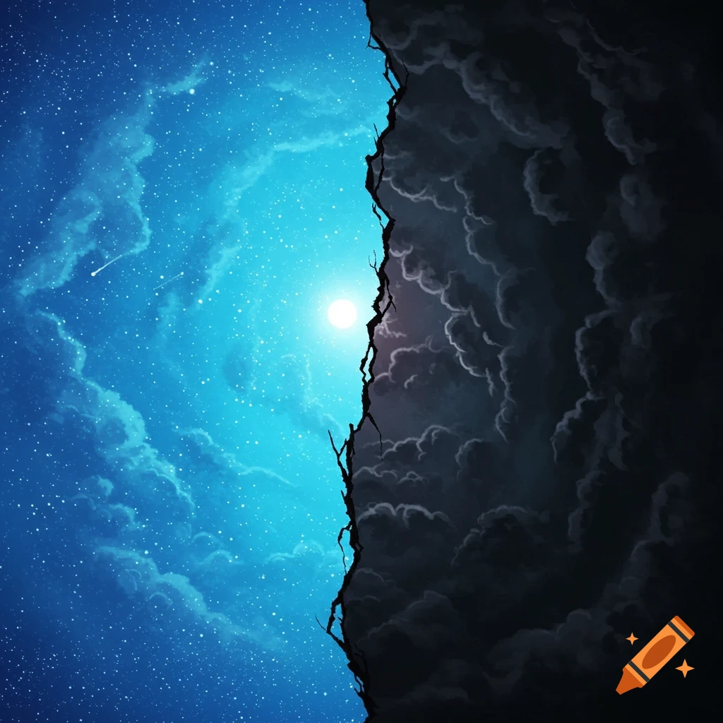 A jagged dark cliff divides a starry blue night sky with clouds from a dark, cloudy abyss.