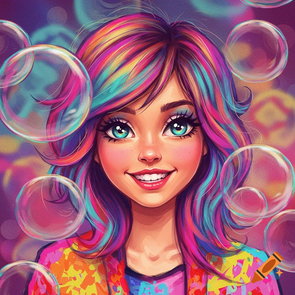 Stylized portrait of a girl with rainbow hair smiling among bubbles.