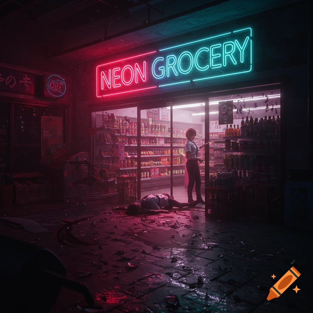 Neon-lit grocery store at night with broken glass and eerie atmosphere