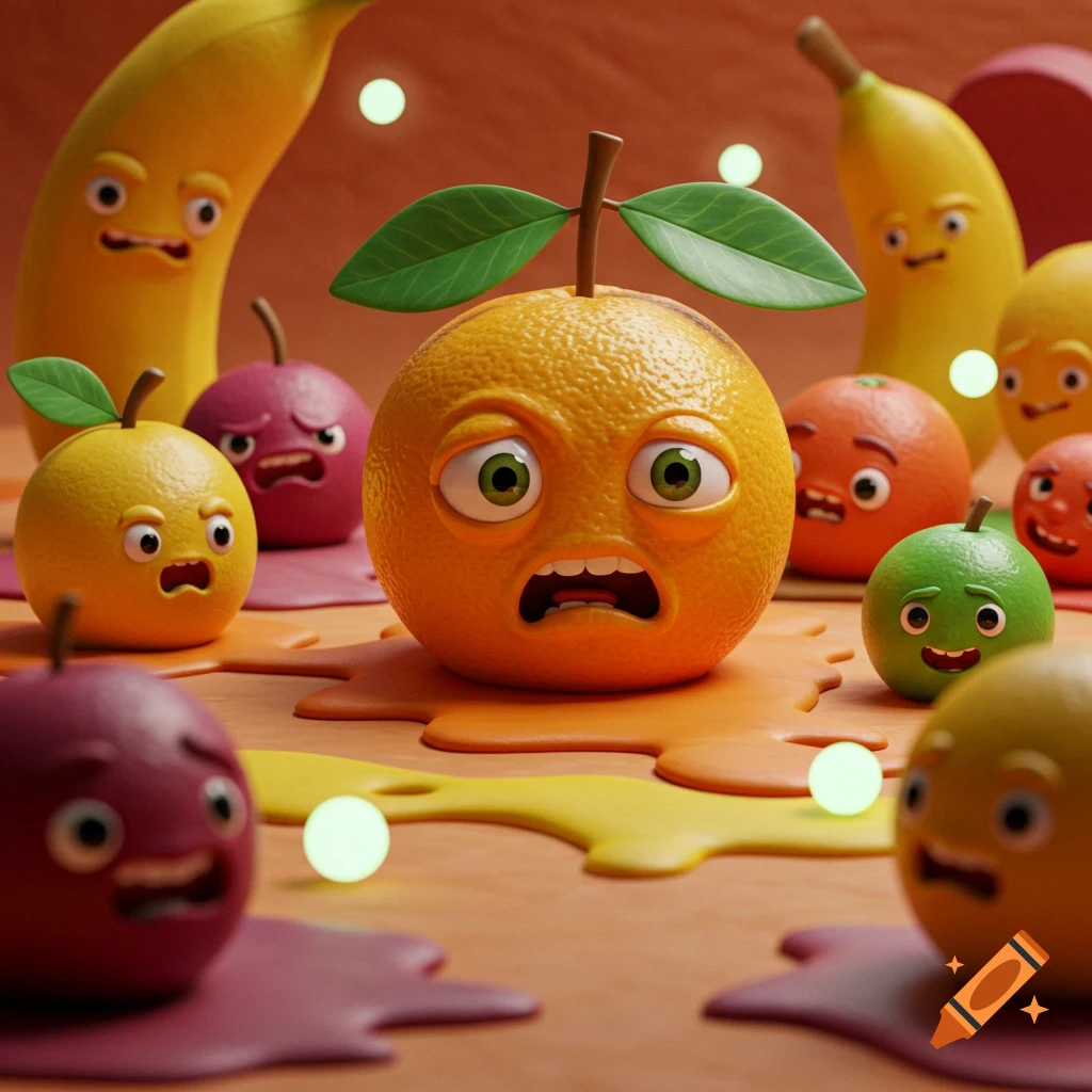 Surreal claymation image of cartoon fruits with exaggerated expressions melting into puddles, with a distressed orange at the center.