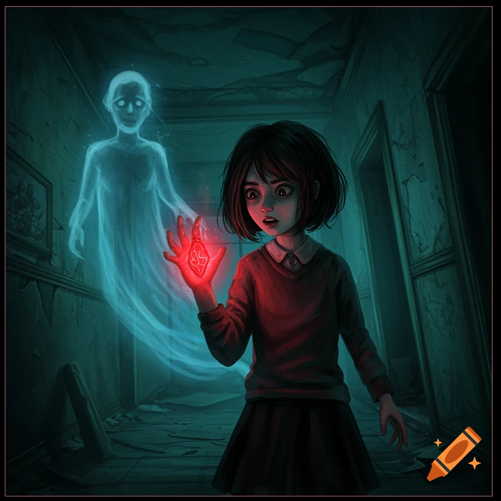 Digital illustration of a girl reaching for a glowing red amulet in a haunted house with a ghost behind her.
