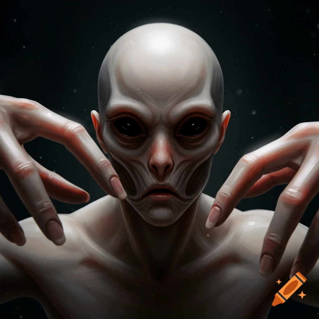 Close-up of a pale alien creature with large black eyes and strange fingers reaching forward in a horror style.