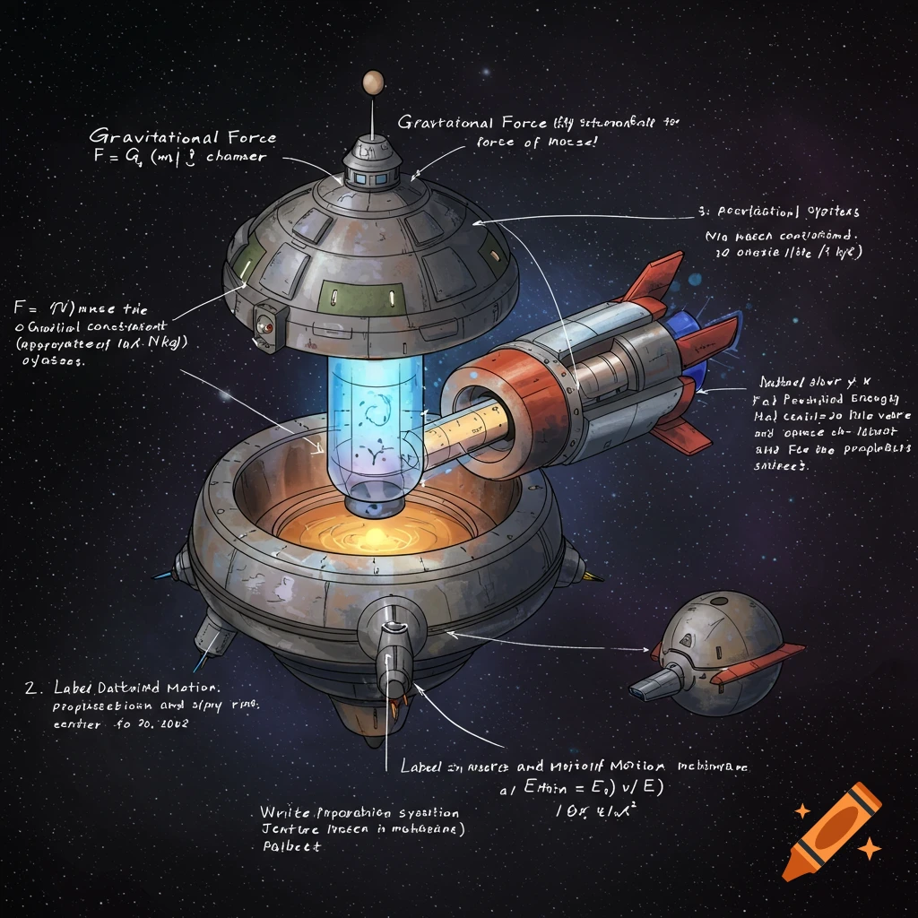 Gravitational Force Chamber diagram with equations for gravitational force and energy/motion.