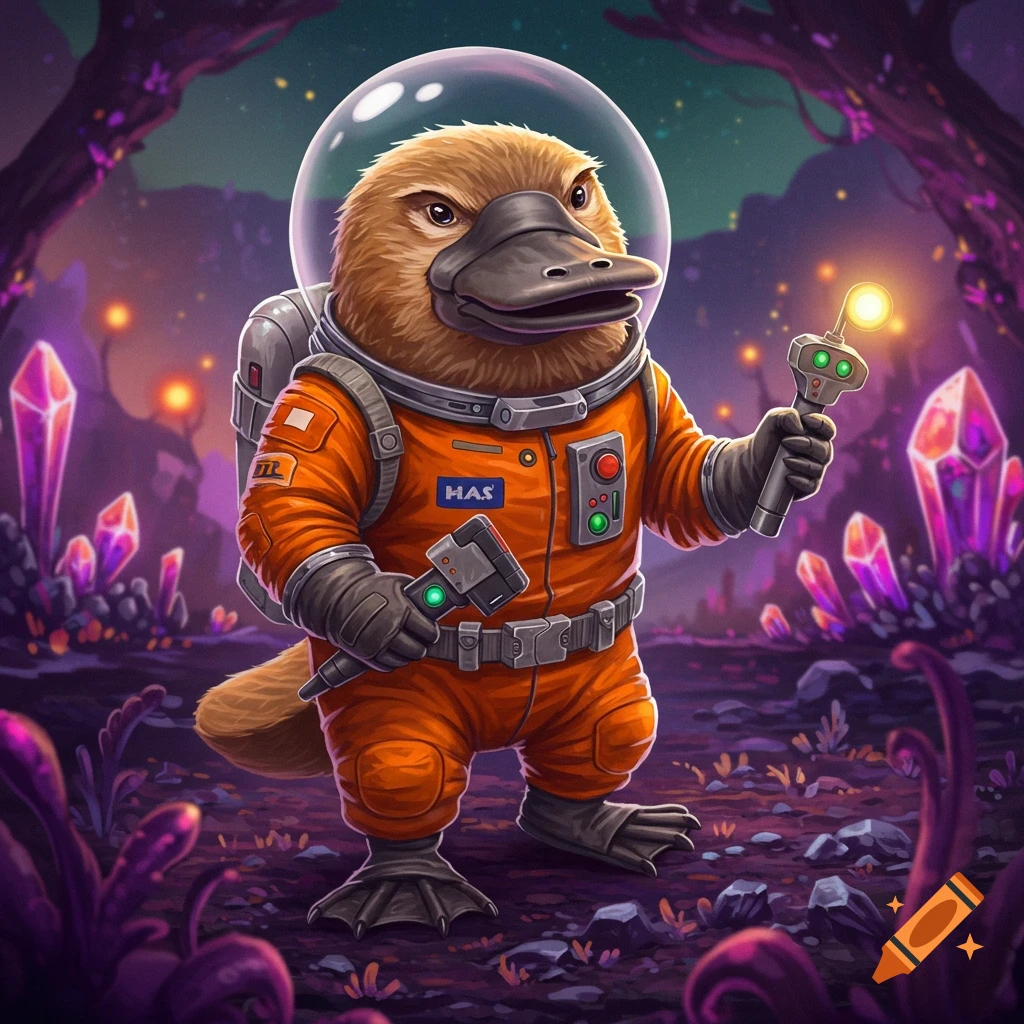 A platypus in an orange astronaut suit explores an alien planet with glowing crystals, holding two futuristic tools.
