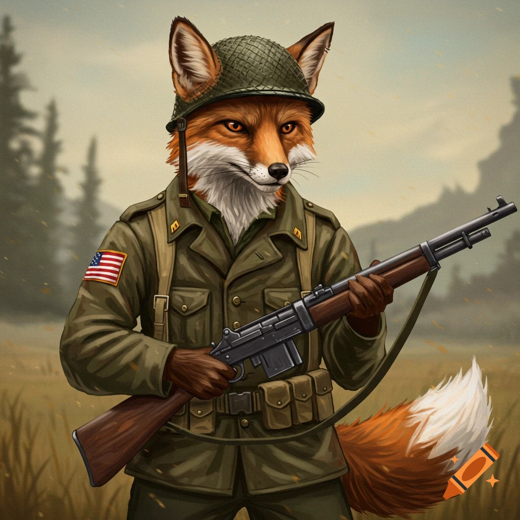 Anthropomorphic fox soldier in a WWII-era US uniform and helmet holding a rifle in a field.