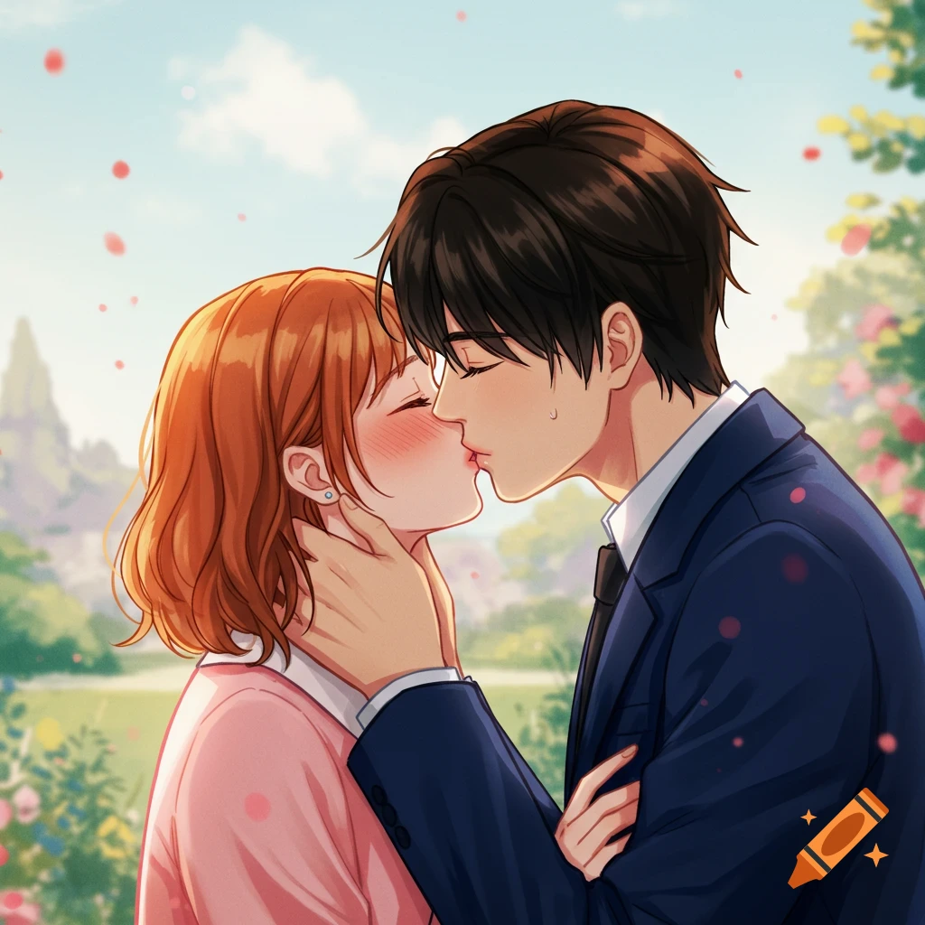 An illustration of a young couple kissing in a park with falling petals.
