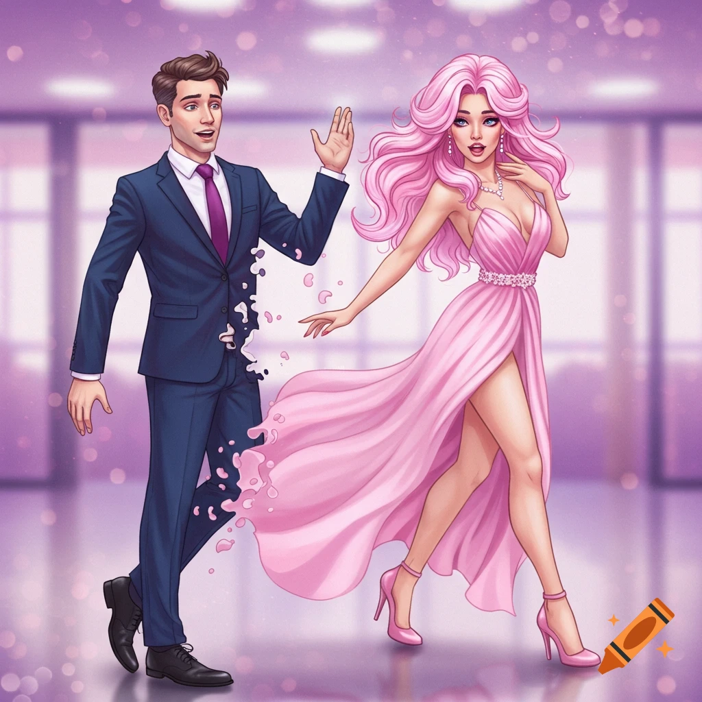 A man transforms into a woman wearing a pink dress in a party setting illustration.