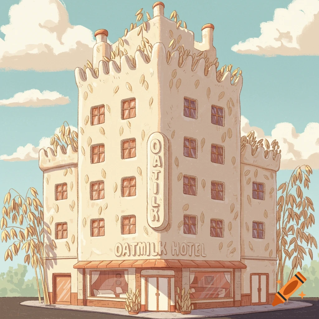 Cartoon illustration of a building made of oats with 'Oatmilk Hotel' sign.