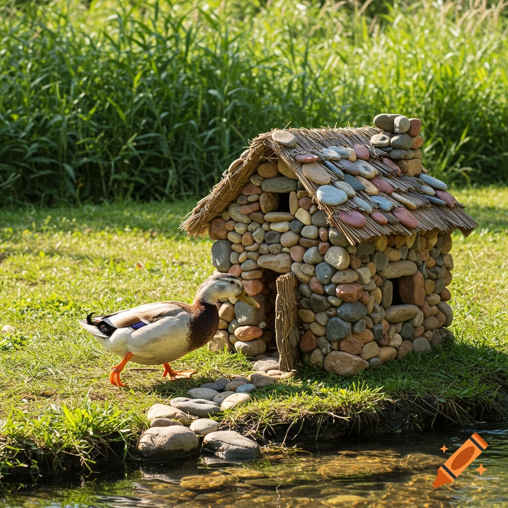 A duck approaches a tiny stone house by a pond.