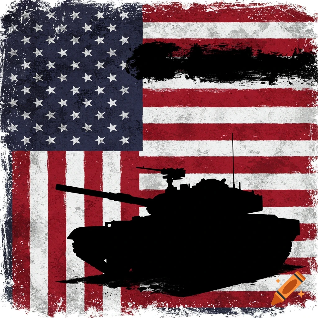Distressed US flag with black tank silhouette.