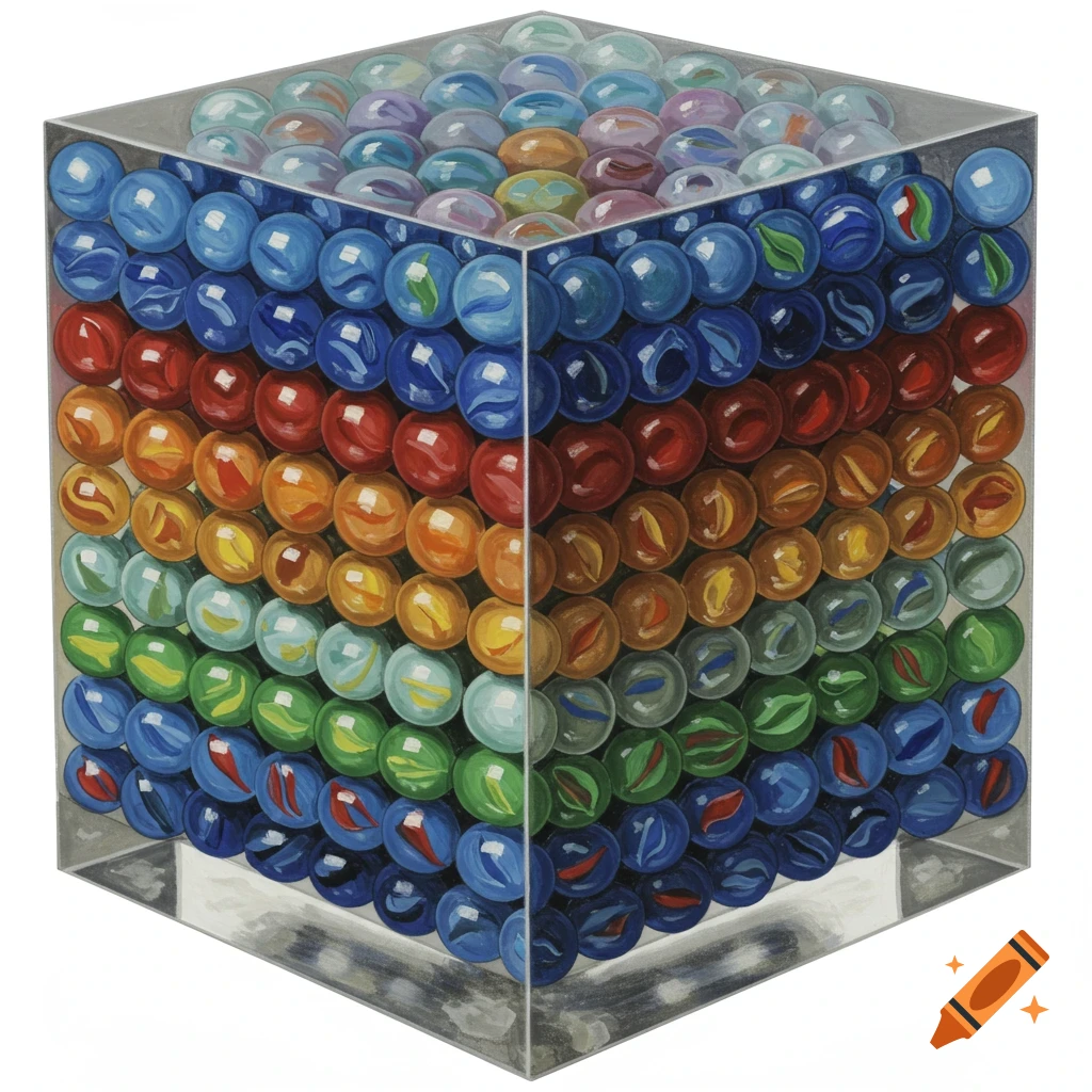Glass cube with colorful mosaic of marbles