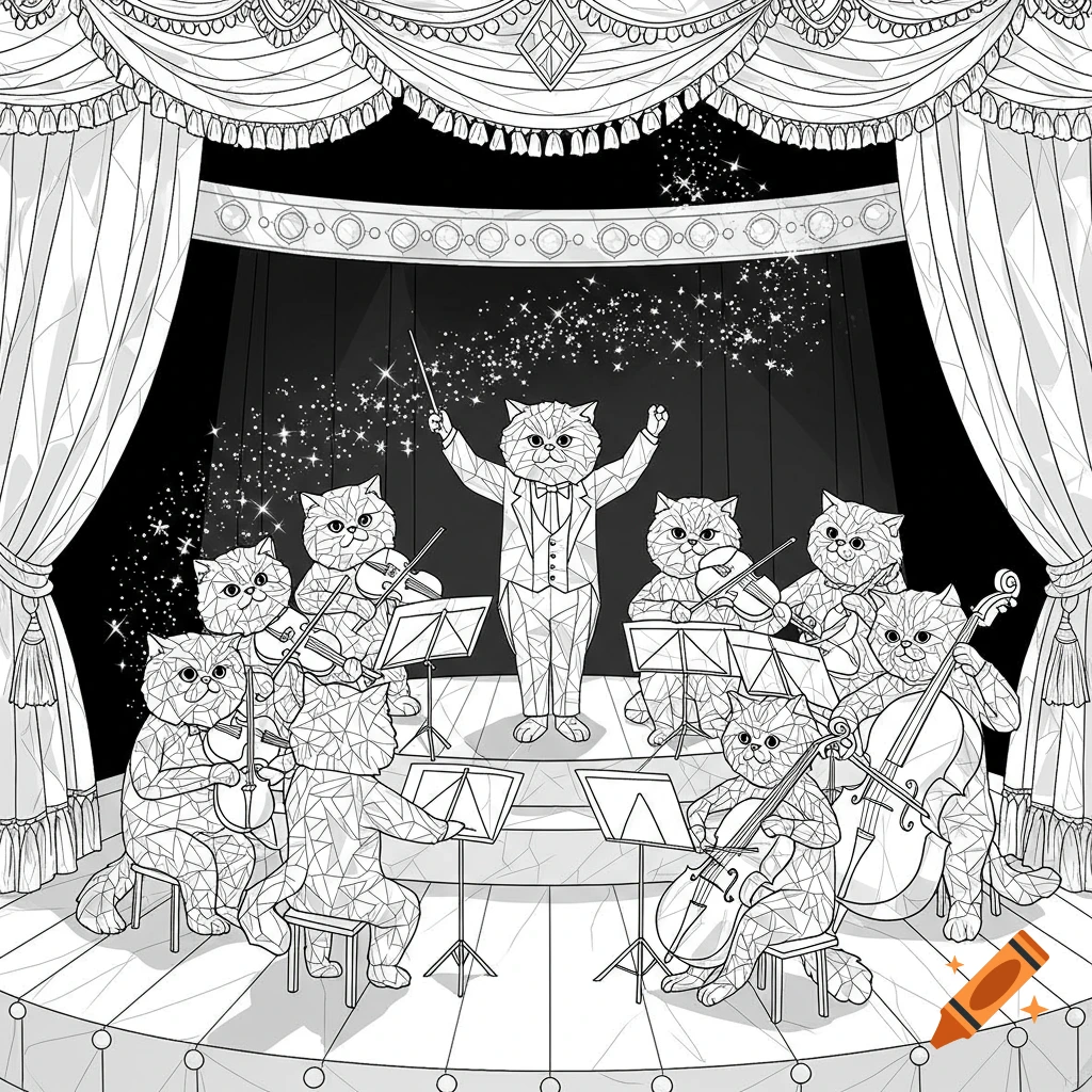 A black and white illustration of a cat orchestra performing on a stage in a crystal art style.