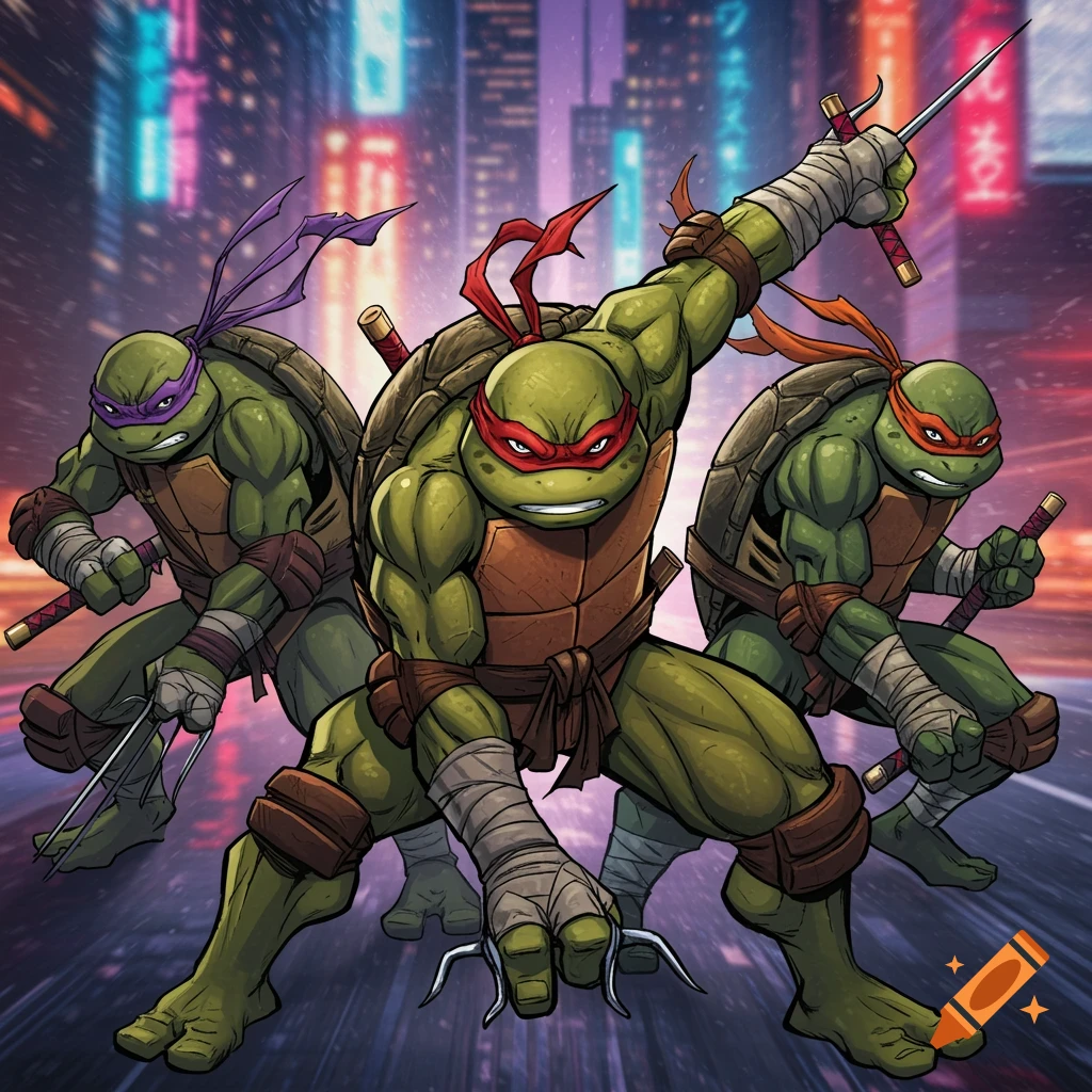 Three comic book style ninja characters in a city street with neon lights.
