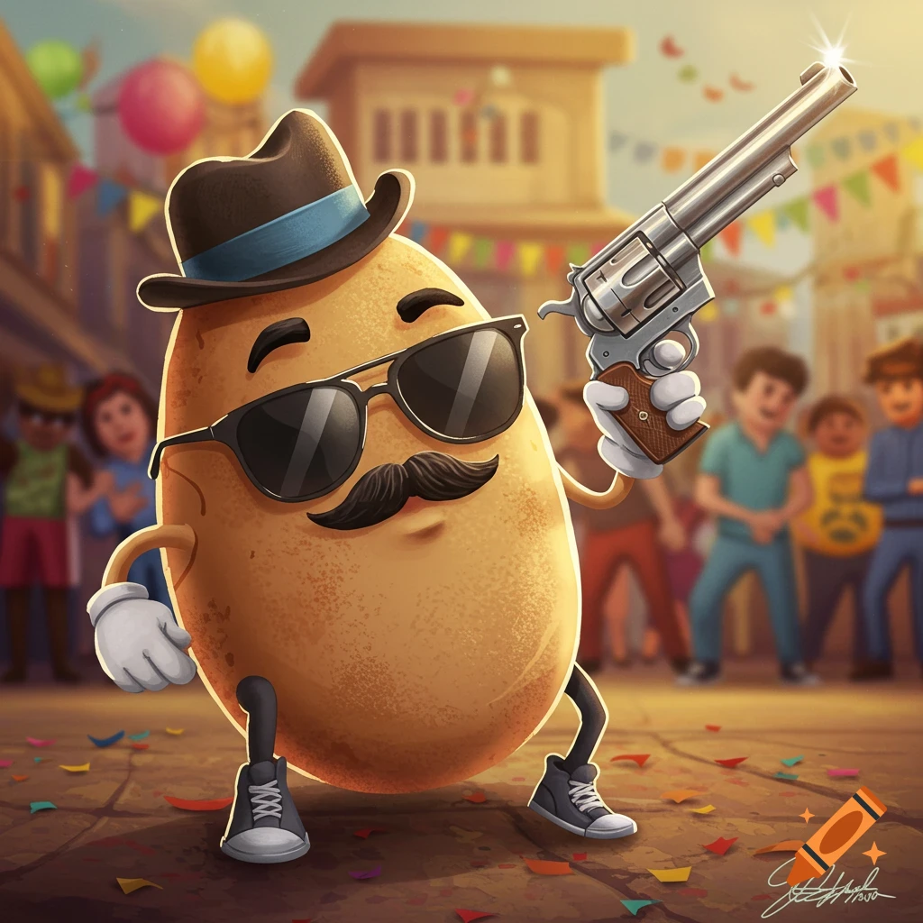 Potato dancing the griddy with a gun