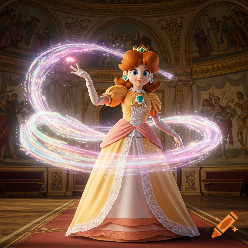 Princess Daisy gestures in a palace, surrounded by a swirl of colorful magic.