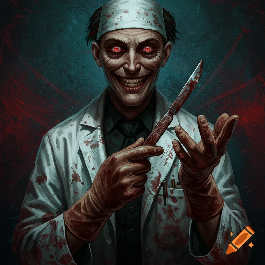Illustration of a scary doctor with red eyes, bloody lab coat and gloves, holding a bloody knife.