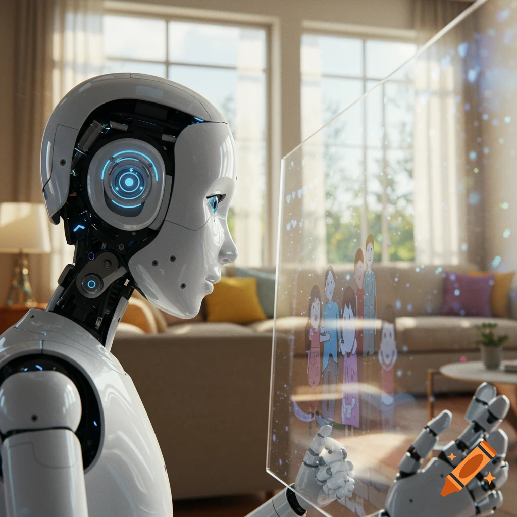 A photorealistic robot looks at a clear holographic screen showing cartoon figures of a family in a sunlit living room.